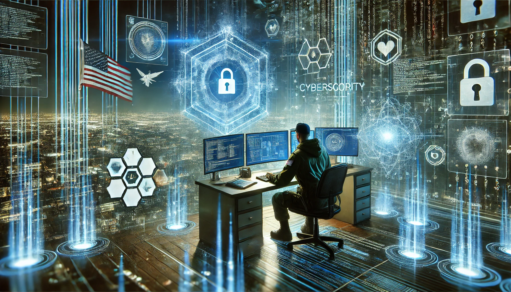 Cybersecurity expert in a futuristic setting